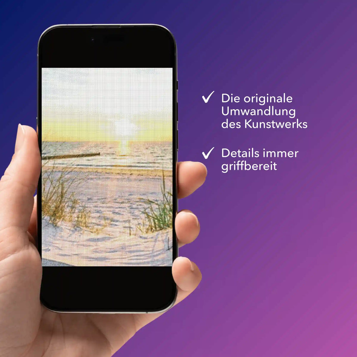 Digitale Diamond Painting Bildmappe als PDF auf Smartphone mit Motiv Entspannung im Sonnenuntergang