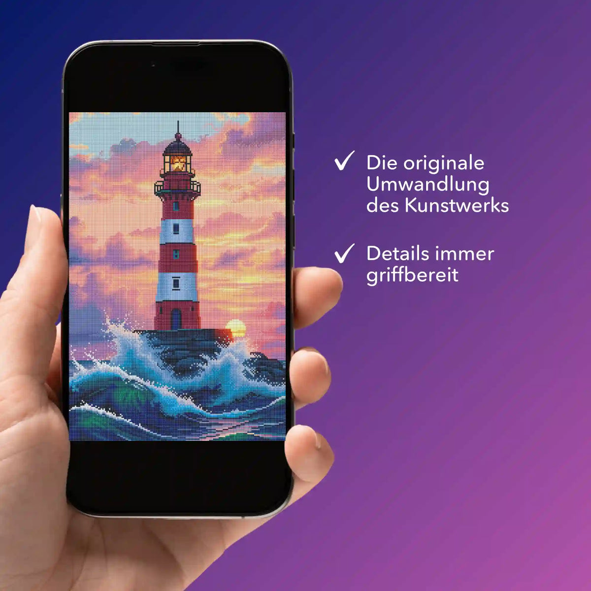 Digitale Diamond Painting Vorlage mit Leuchtturm-Motiv in einer App zur mobilen Ansicht für kreative Bastelprojekte