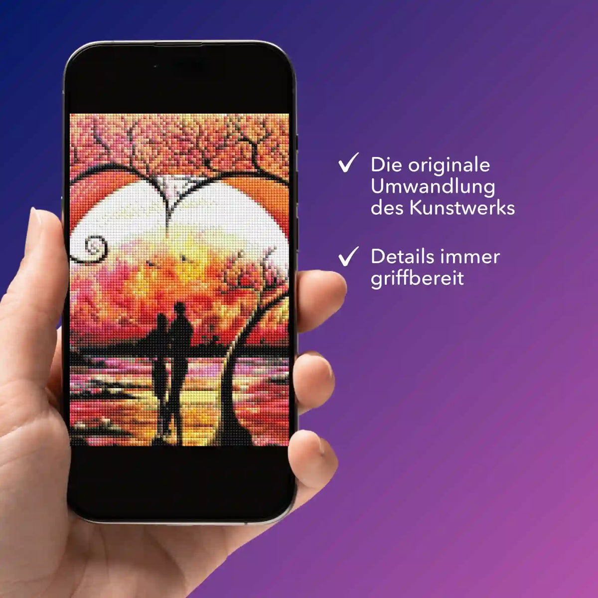 Digitale Diamond Painting Vorlage Baum der Liebe als PDF auf Smartphone für dein nächstes Diamanten Painting Projekt