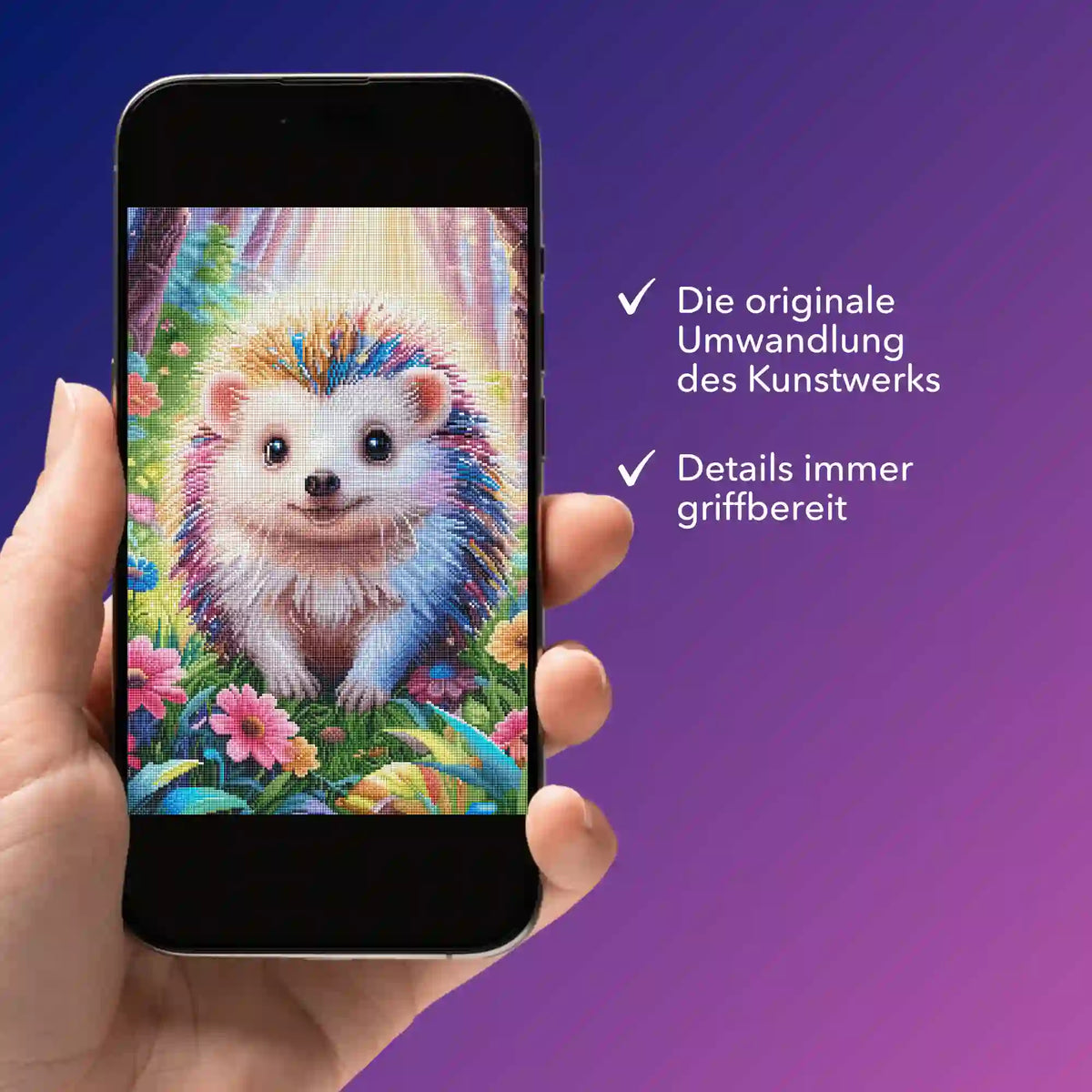 Smartphone mit digitaler Bildmappe für Diamond Painting Motiv Igel Stups im Fairydust Special Design