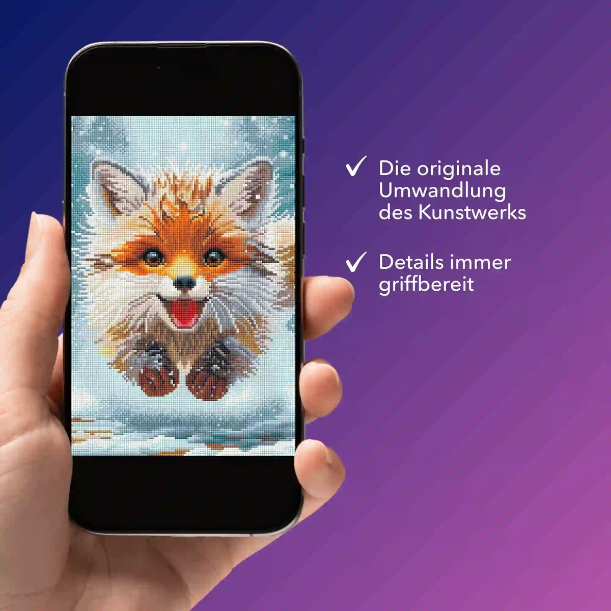 Digitale Diamond Painting Vorlage als kleiner Fuchs im Winterwald auf dem Smartphone für kreative DIY-Projekte.
