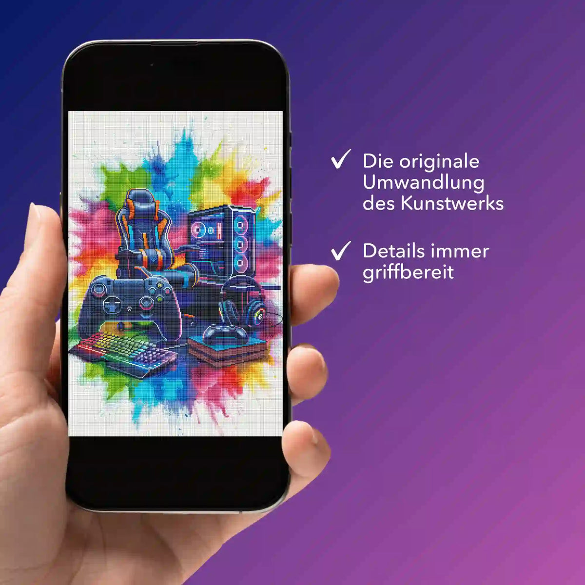Digitale Gaming Zone Diamond Painting Design auf Smartphone als PDF-Bildmappe für kreative Projekte