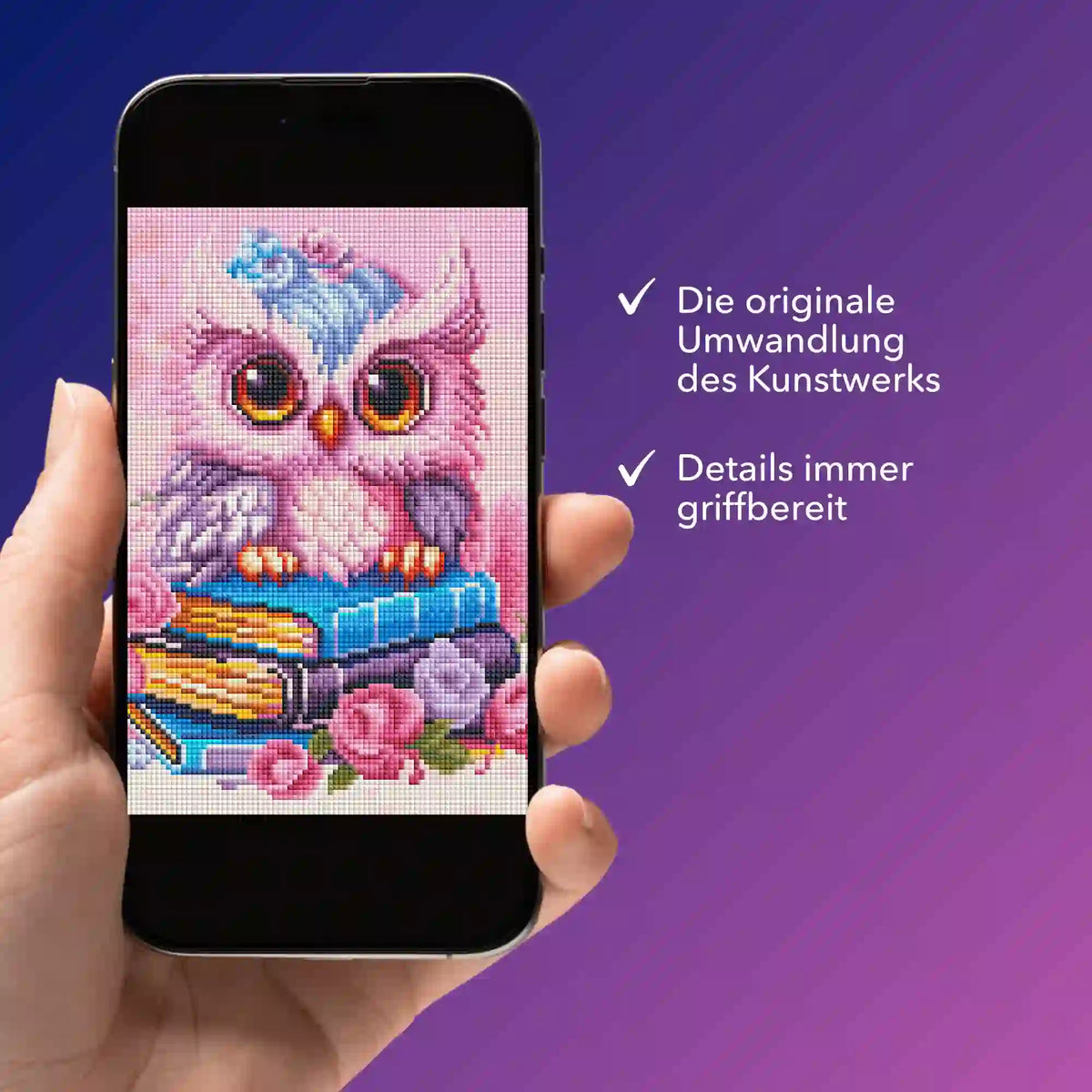 Digitale Diamond Painting Vorlage als PDF einer Eule auf Büchern für dein nächstes DIY-Kunstwerk von Picmondoo.