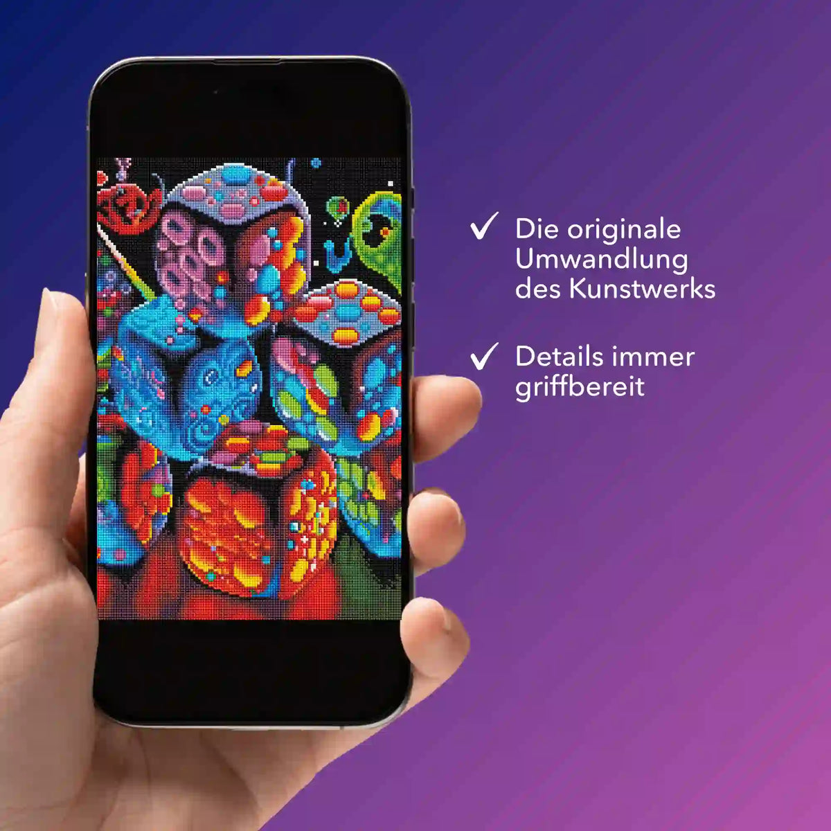 Digitale Picmondoo Bildmappe mit Würfel-Motiv: Diamond Painting Vorlage als PDF auf Smartphone für unterwegs.