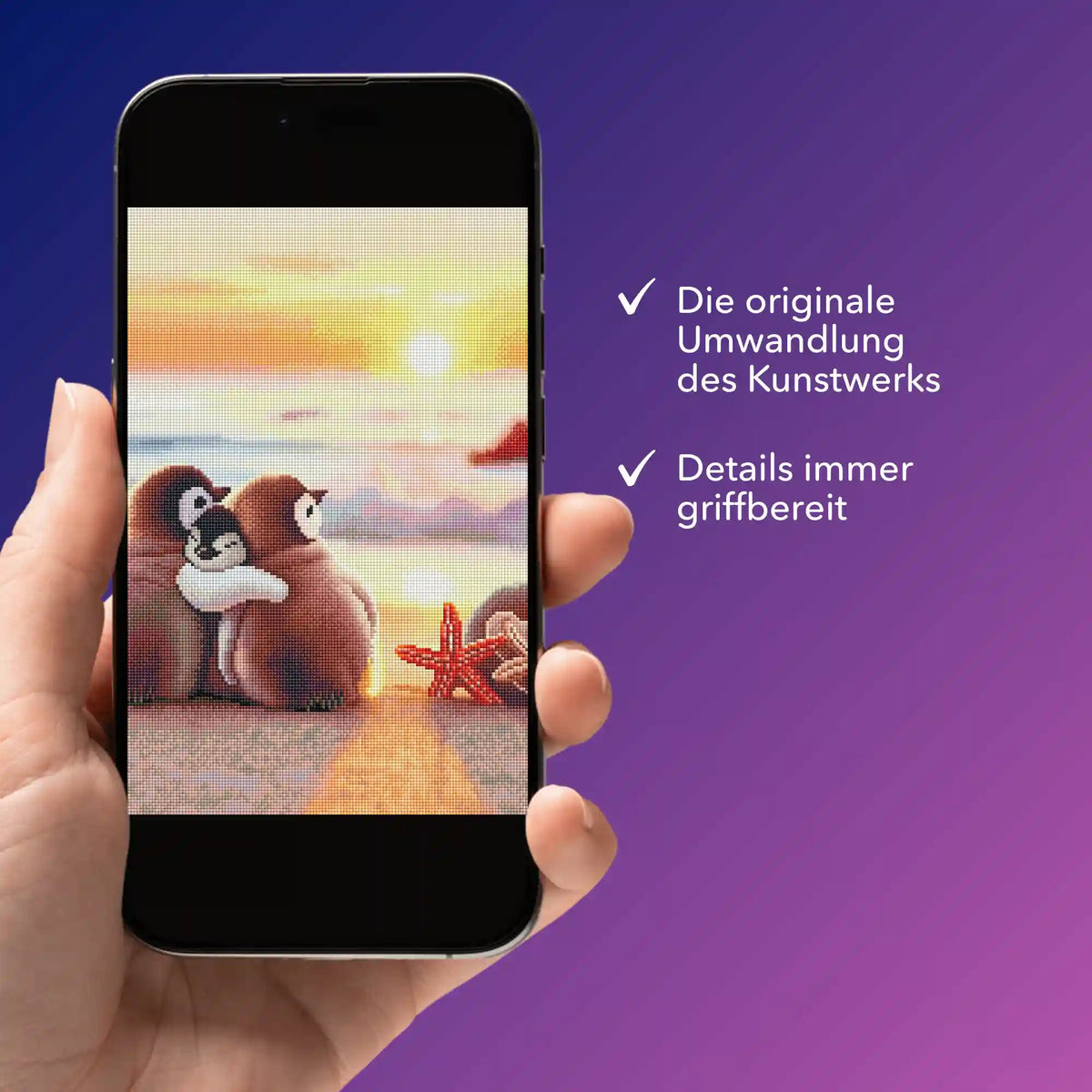 Digitale Diamond Painting Vorlage Happy Family am Strand auf Smartphone für bequeme Einblicke beim Basteln