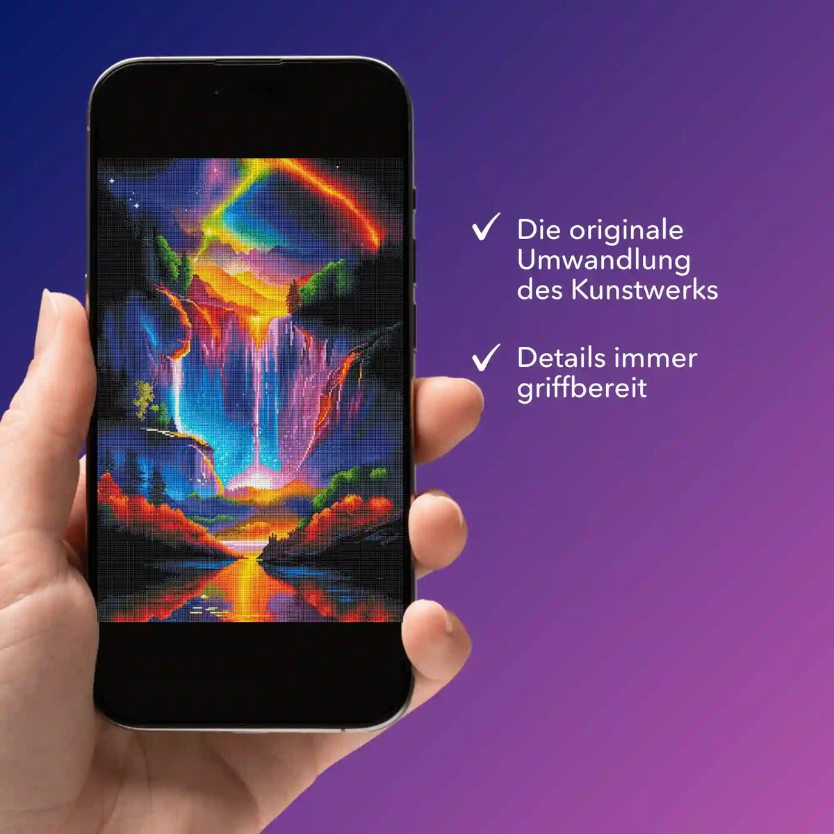 Digitale Diamond Painting Vorlage mit buntem Wasserfall-Motiv auf Smartphone zur bequemen Anleitung beim Basteln.