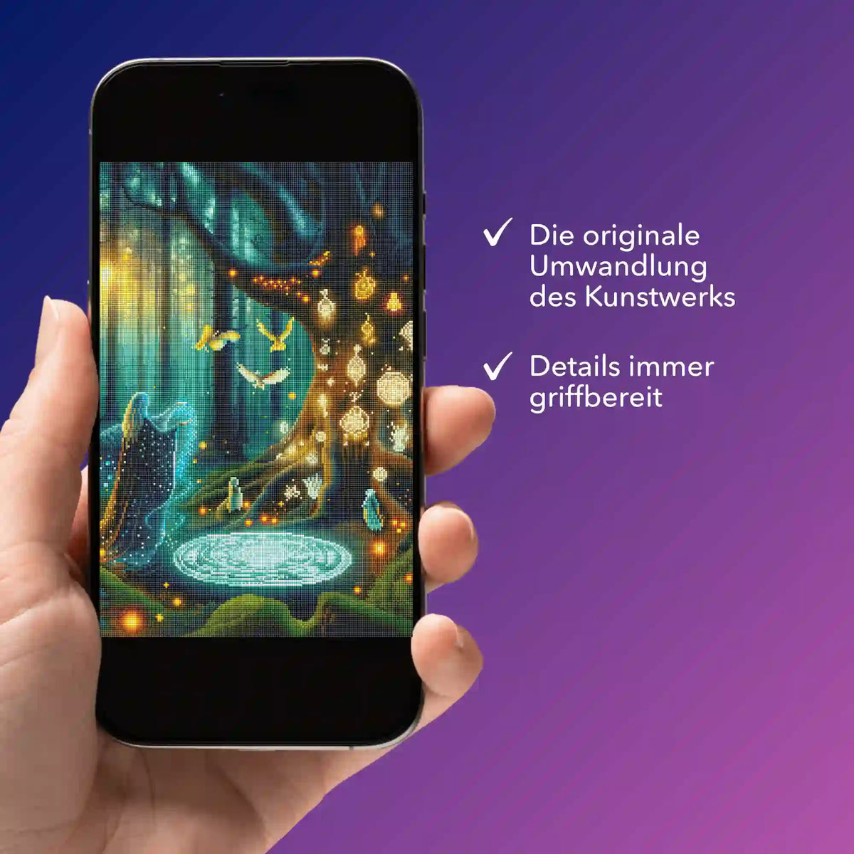 Digitale Diamond Painting Bildmappe Hexennacht auf Smartphone Hand gehalten für einfache Diamond Painting Details.
