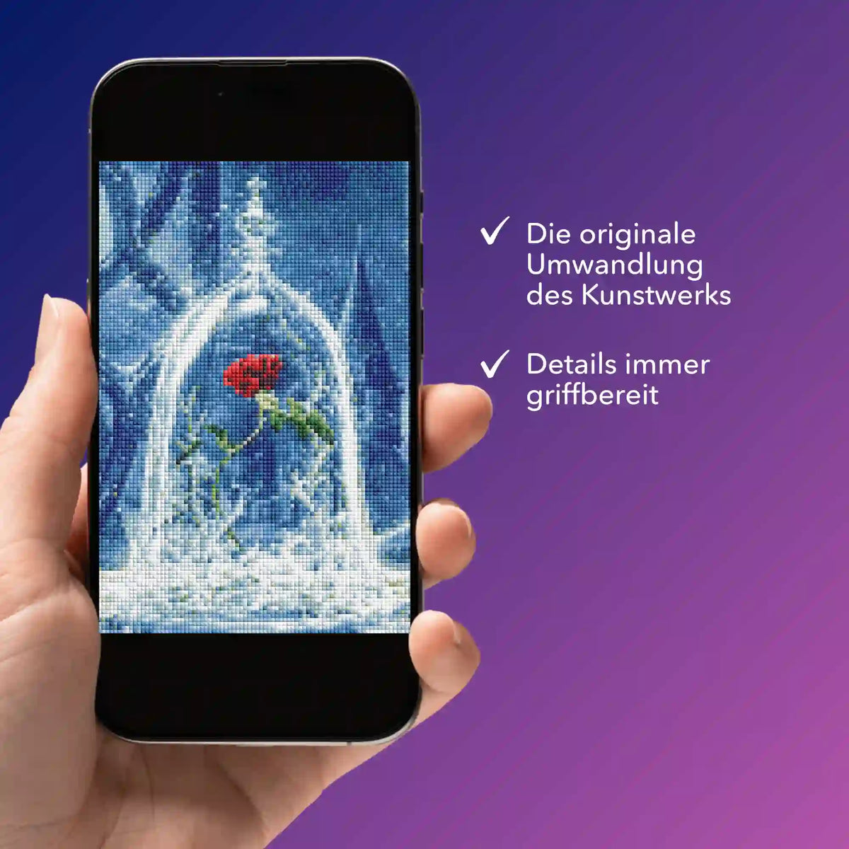 Digitale Diamond Painting Bildmappe mit Motiv Rose im Wunderglas auf Smartphone-Display