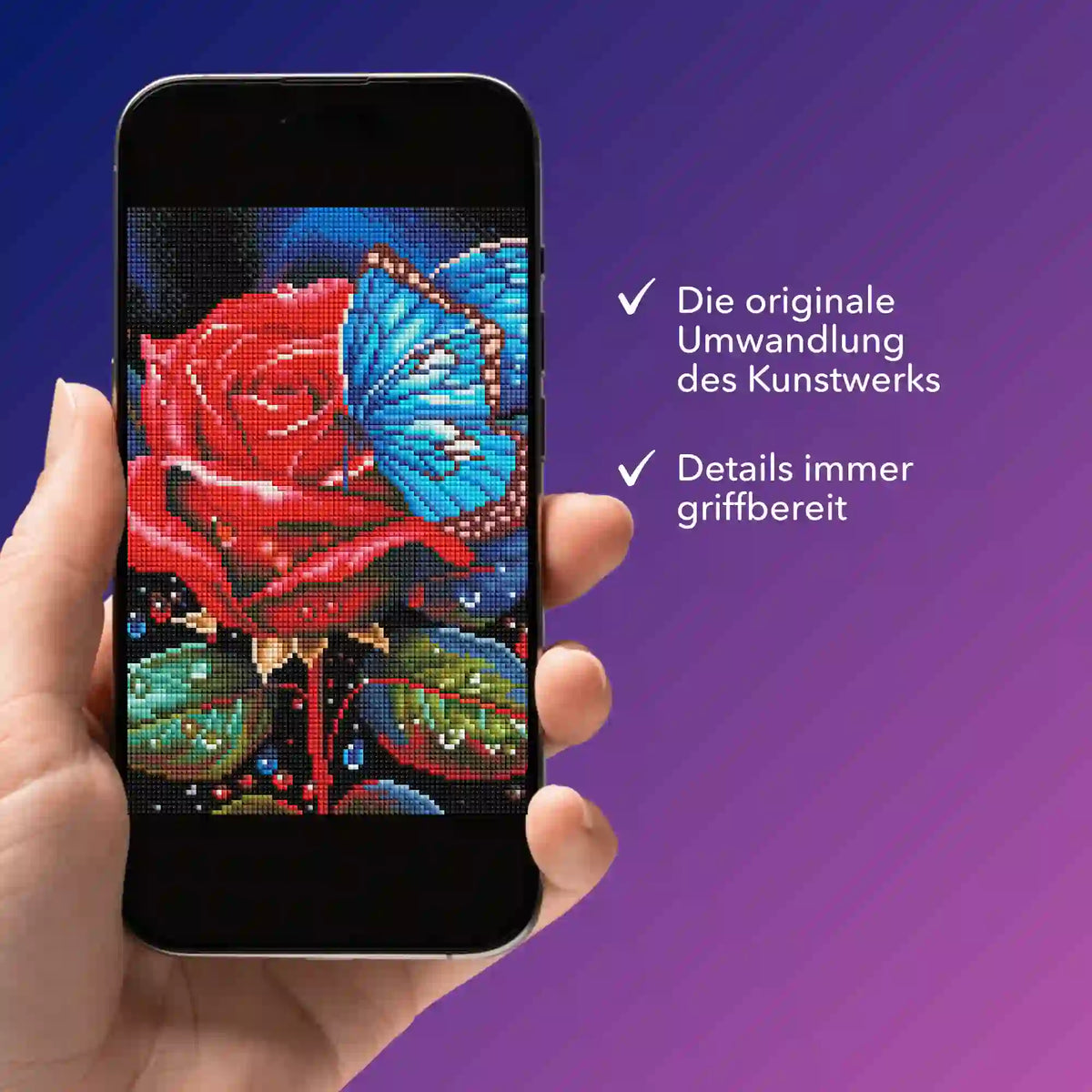 Digitale Diamond Painting Vorlage mit Motiv Rote Rose und blauem Schmetterling auf einem Smartphone-Display