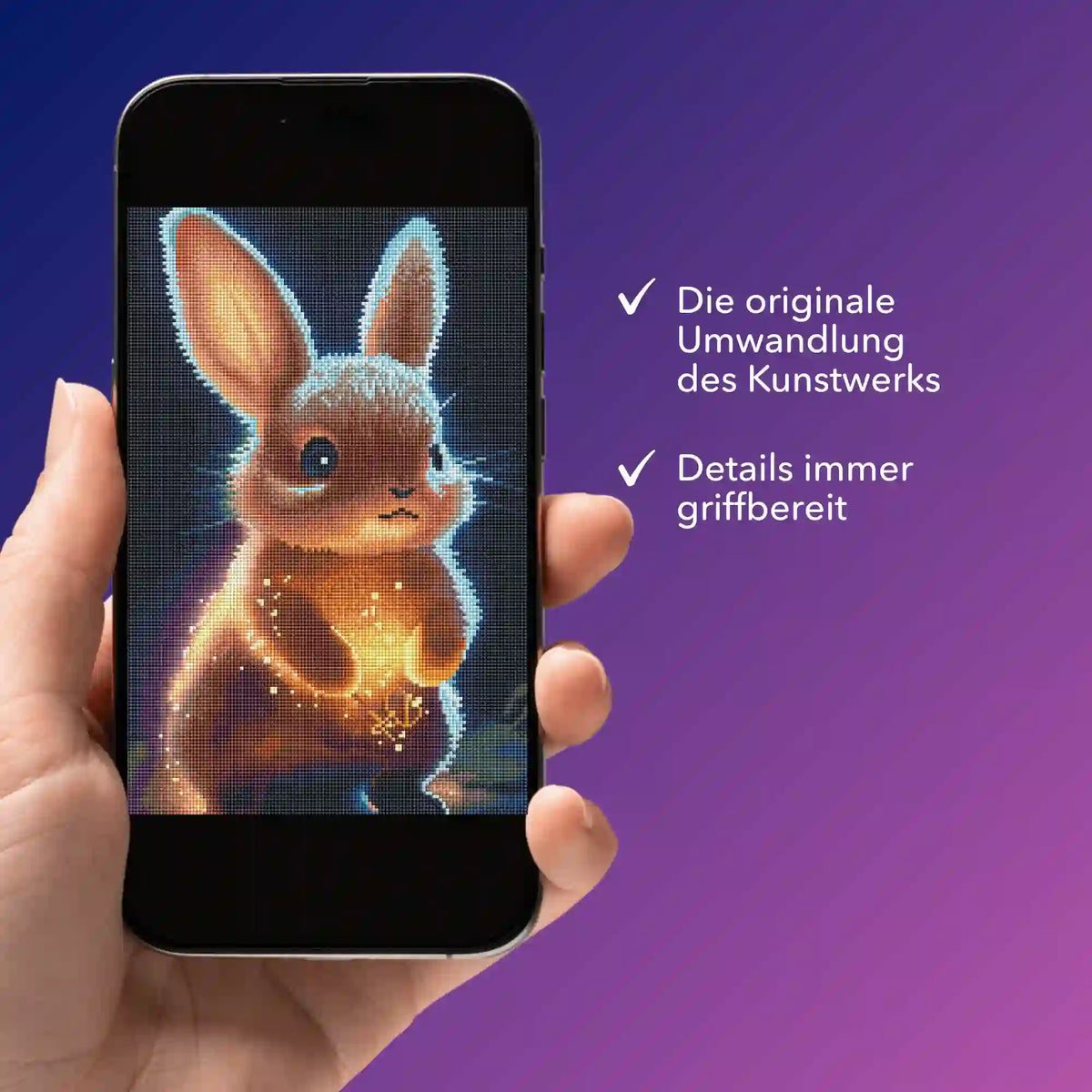 Digitale Diamond Painting Vorlage Funkelhäschen auf dem Smartphone zur anschaulichen Übersicht der Basteldetails