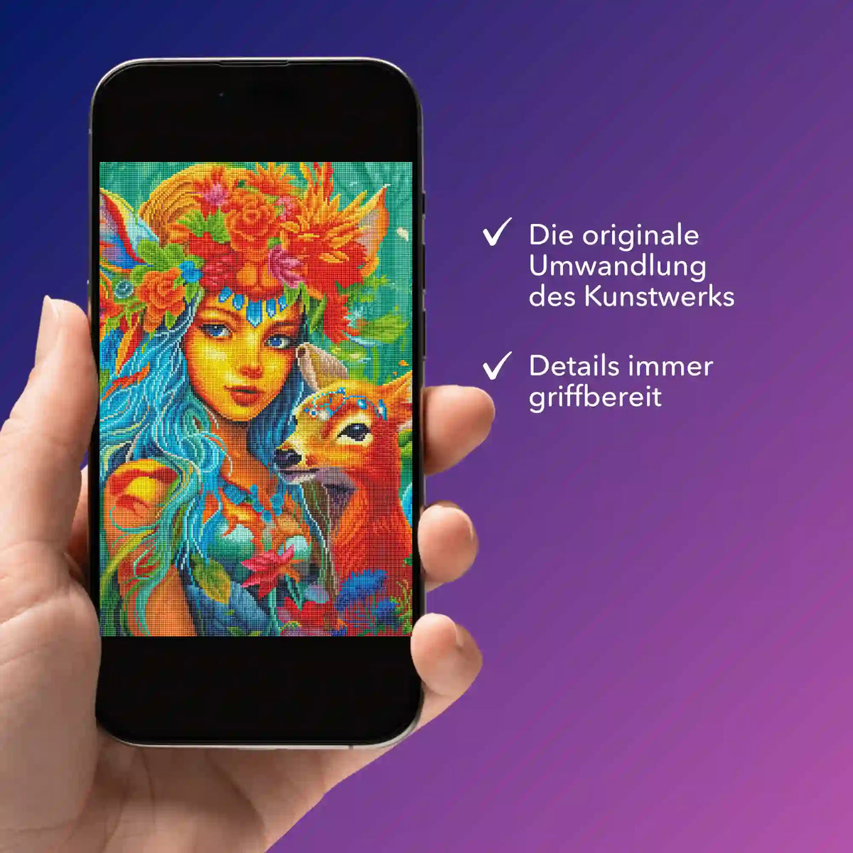 Digitale Diamond Painting Bildmappe Waldmädchen als PDF auf Smartphone zur einfachen Übersicht des Kunstwerks.