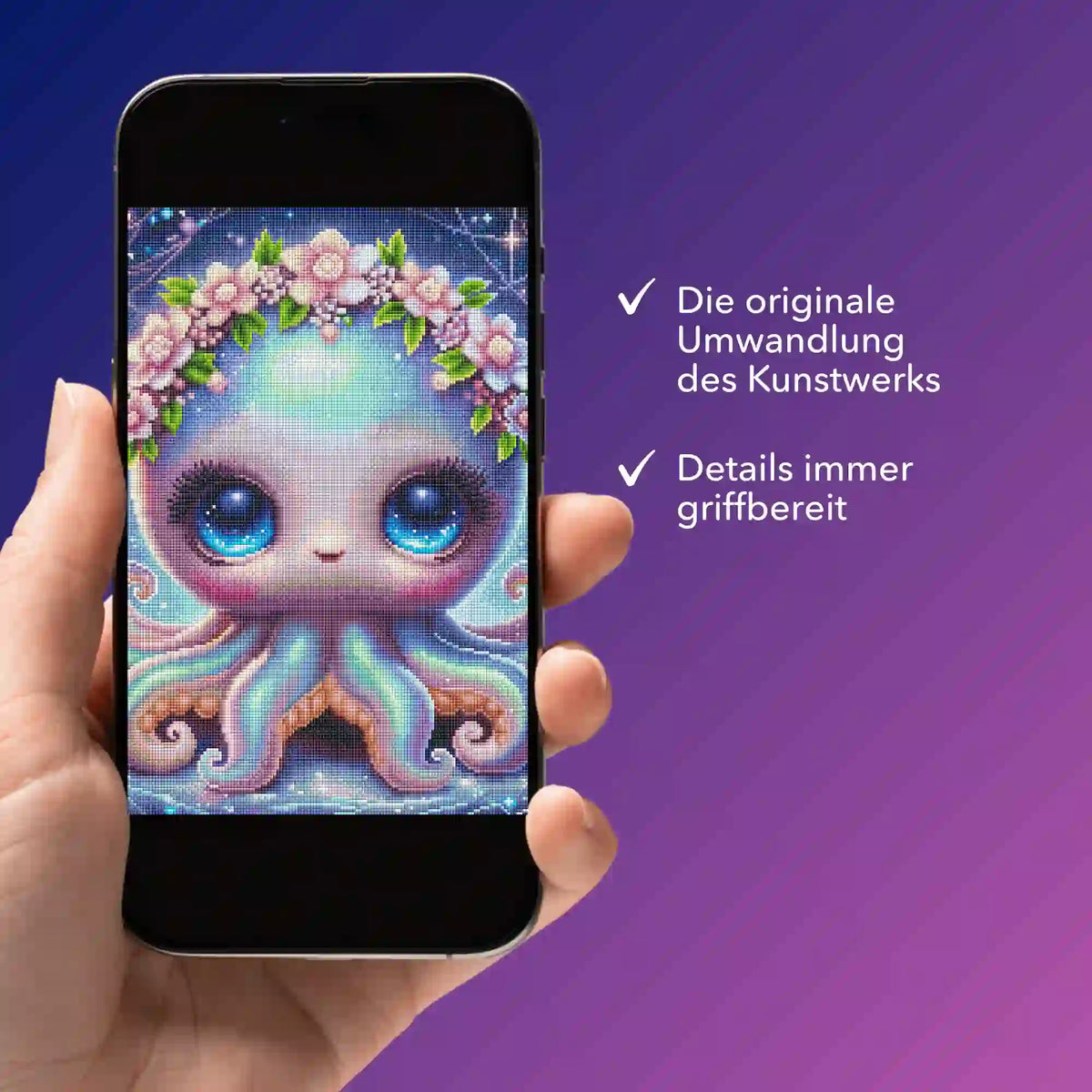 Digitale Diamond Painting Bildmappe mit niedlichem Oktopus-Motiv als PDF für dein nächstes kreatives Diamanten Painting.
