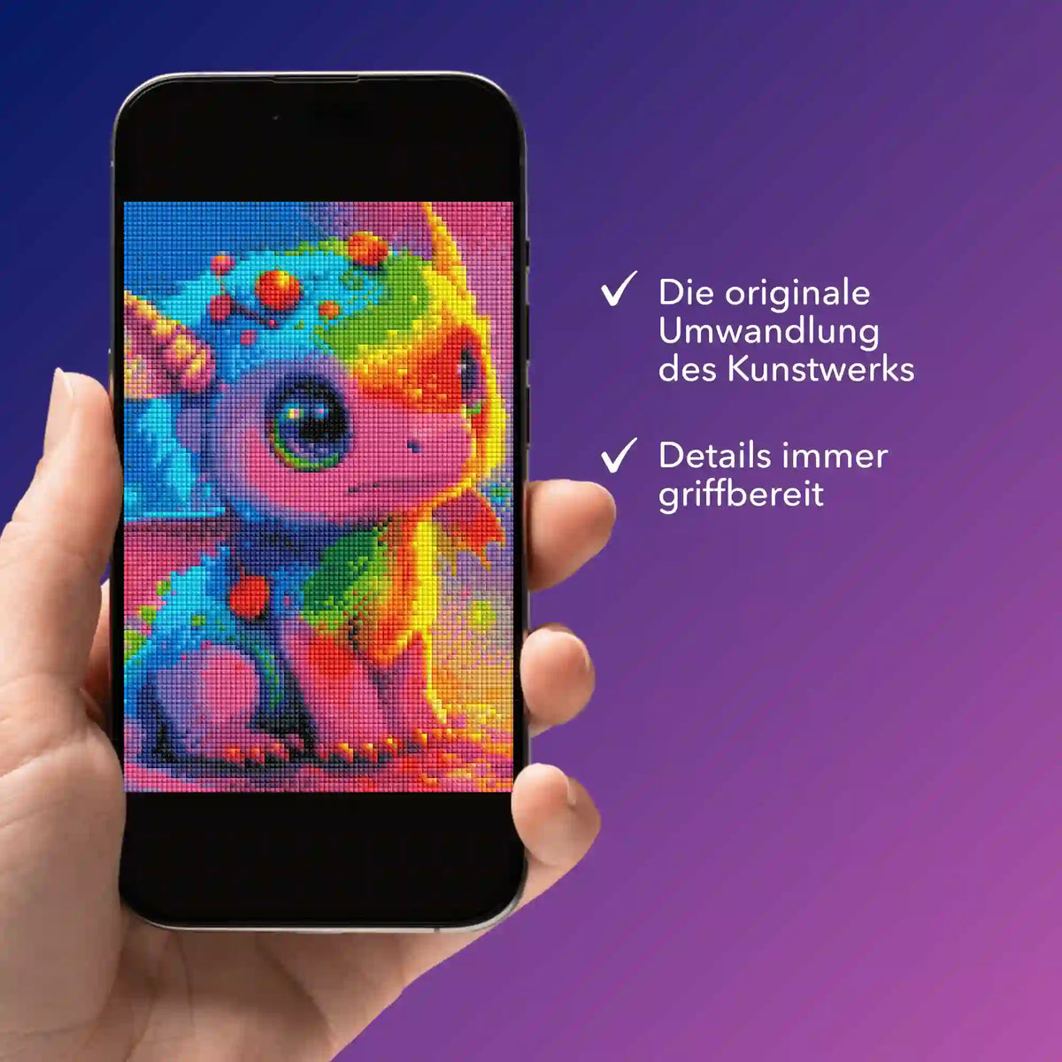 Digitale Bildmappe auf Smartphone mit buntem Regenbogen Drache Motiv für Diamond Painting und Malen nach Zahlen Sets