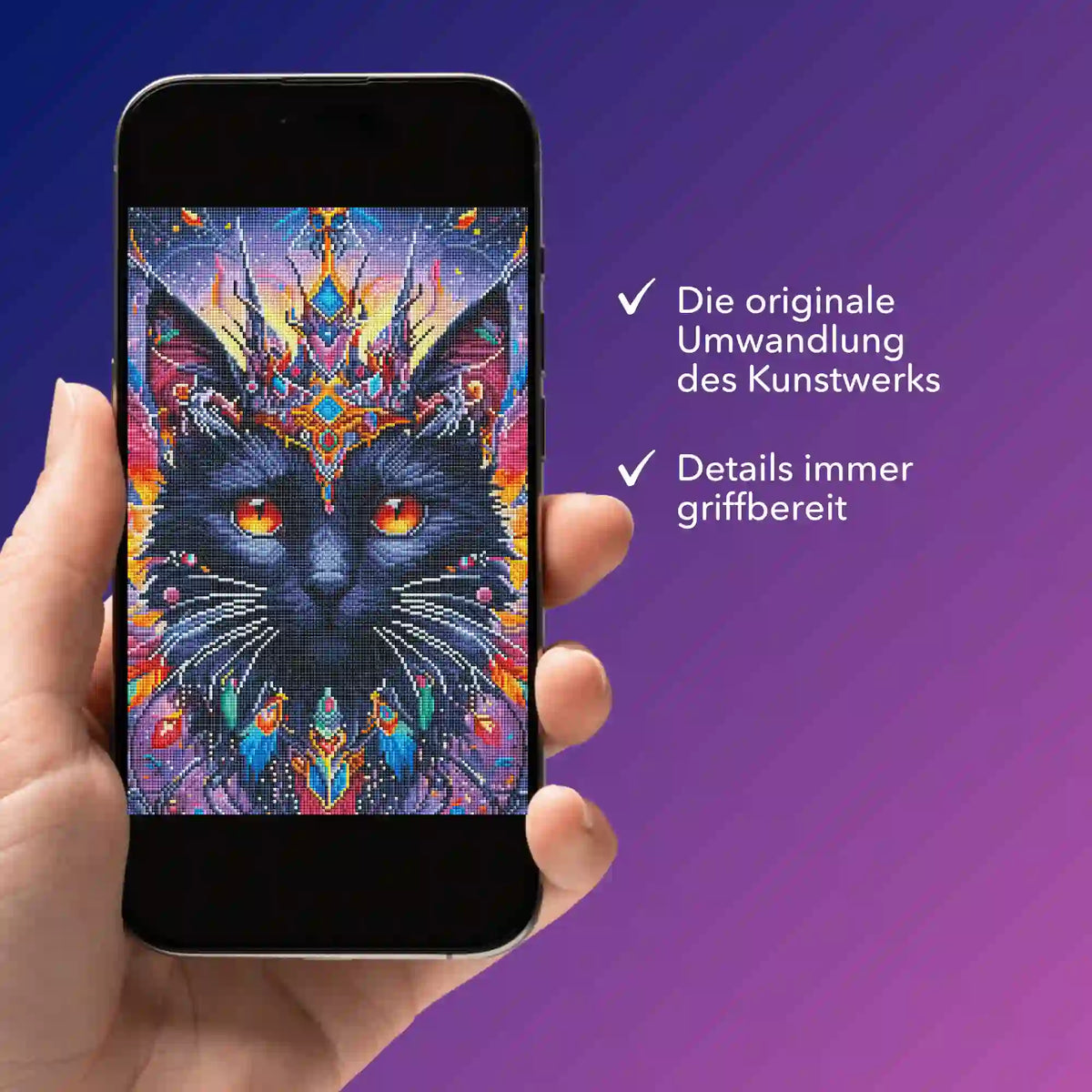 Digitale Diamond Painting Bildmappe als PDF für das Mystic Colorsplash Cat Motiv auf einem Smartphone-Display