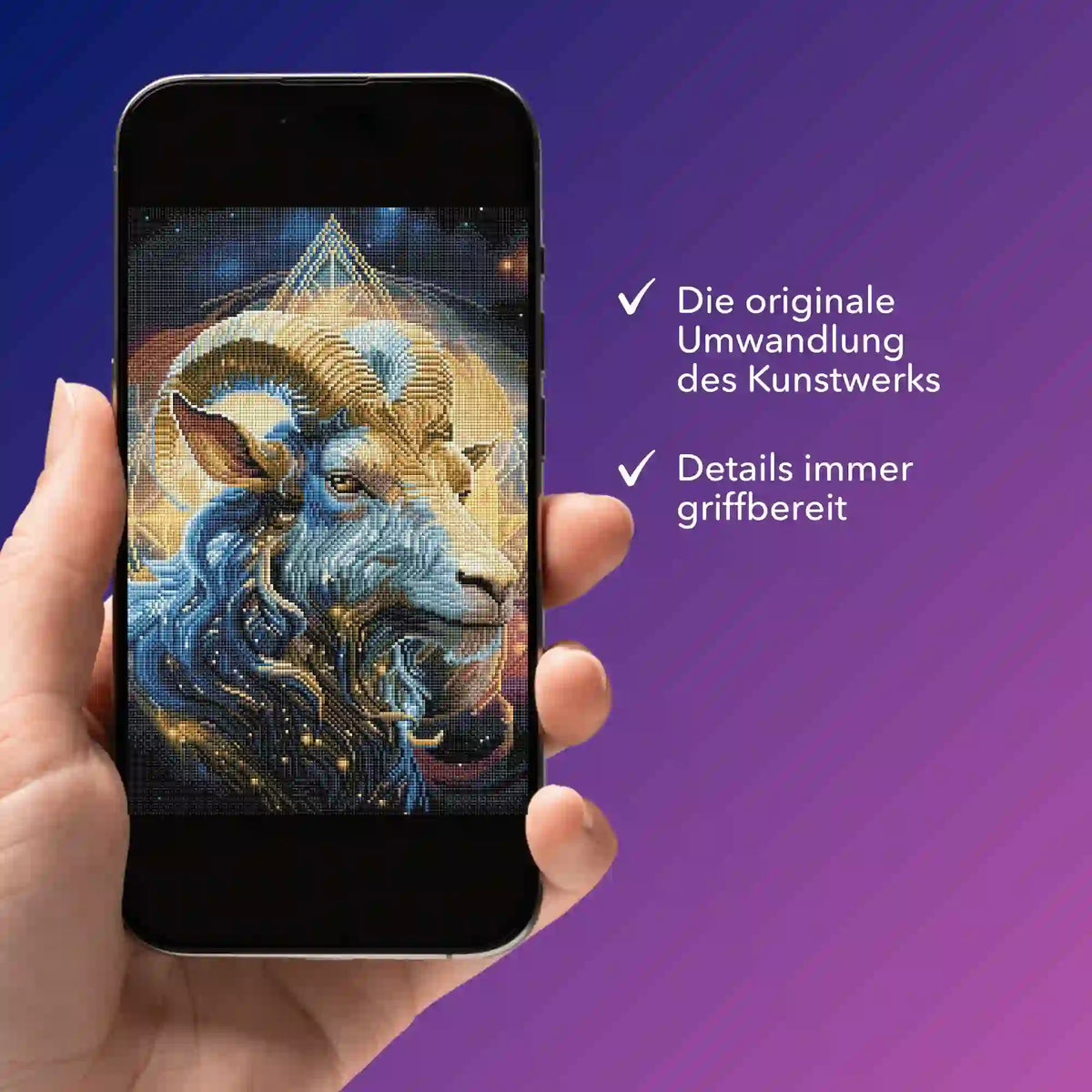Digitale Diamond Painting Vorlage als Sternzeichen Steinbock auf Smartphone für kreative Bastelprojekte