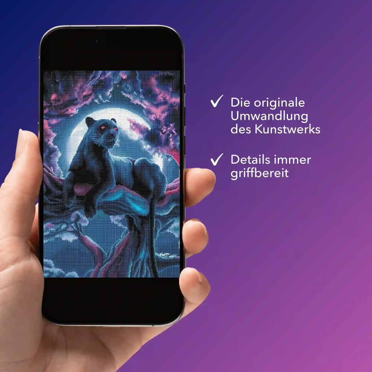 Diamond Painting Black Panther Motiv in digitaler Bildmappe auf einem Smartphone angezeigt