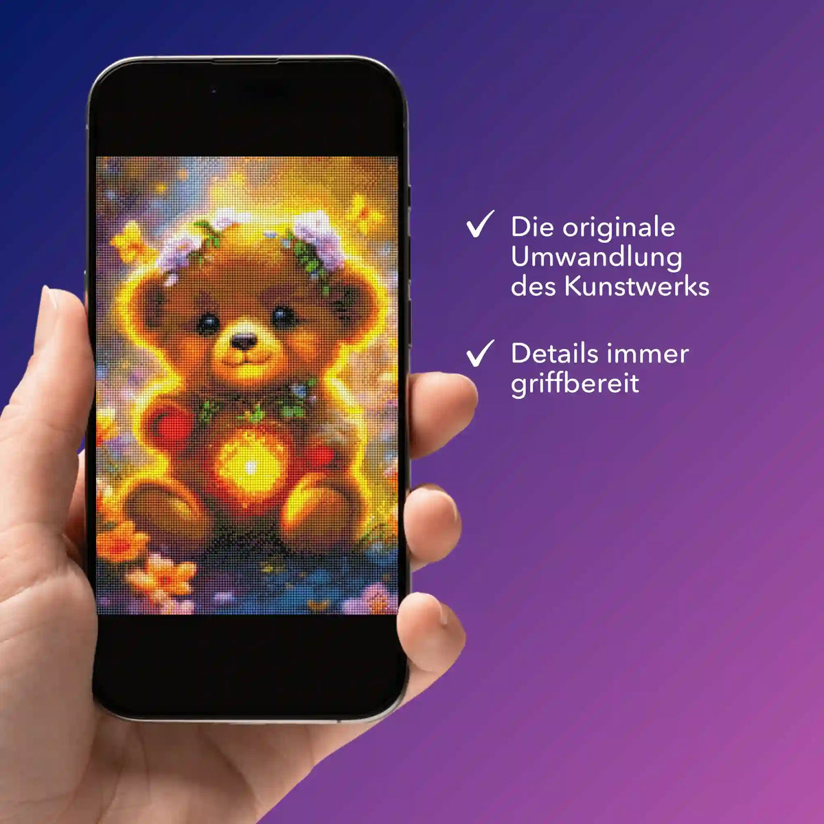 Smartphone mit digitaler Bildmappe eines Diamond Painting Leuchtbär Motivs für kreative Bastelfans