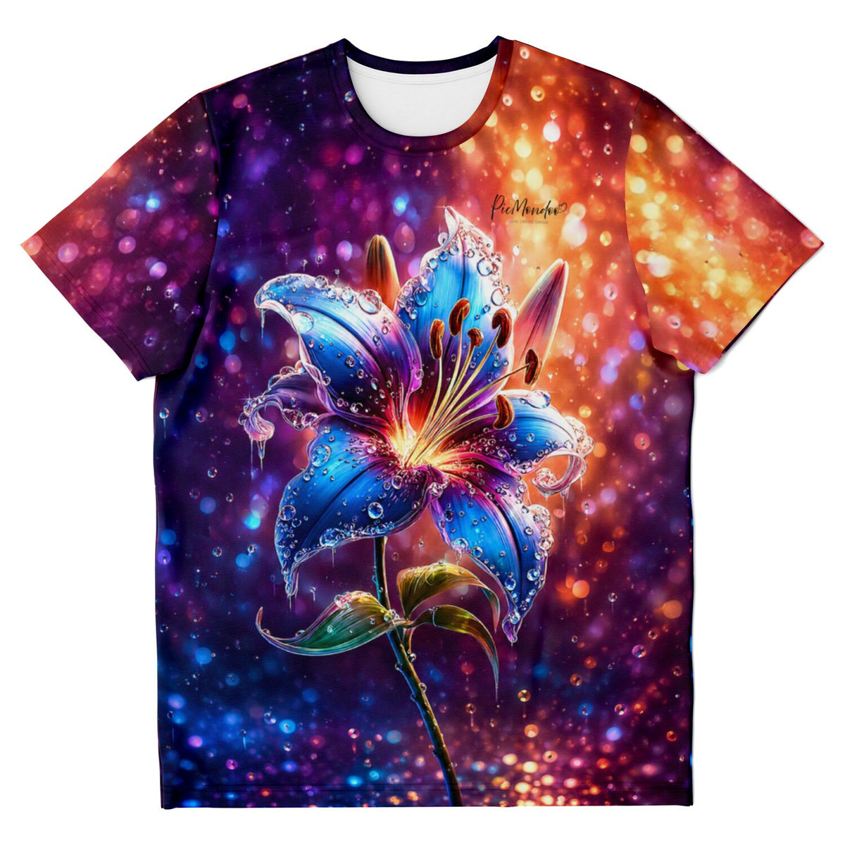 Dreamer T-Shirt Regenlied mit blauer Lilie und leuchtendem Bokeh-Hintergrund im Stil der Diamond Painting Kunst