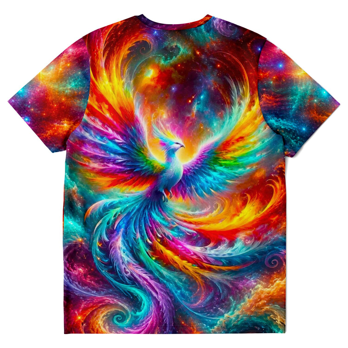 T-Shirt Dreamer Phönix mit buntem Galaxie-Motiv, inspiriert von Diamond Painting und Malen nach Zahlen Kunststilen.