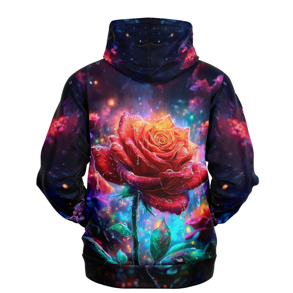 Dreamer Hoodie Regentanz mit leuchtender roter Rose im Regen vor buntem galaktischen Hintergrund.