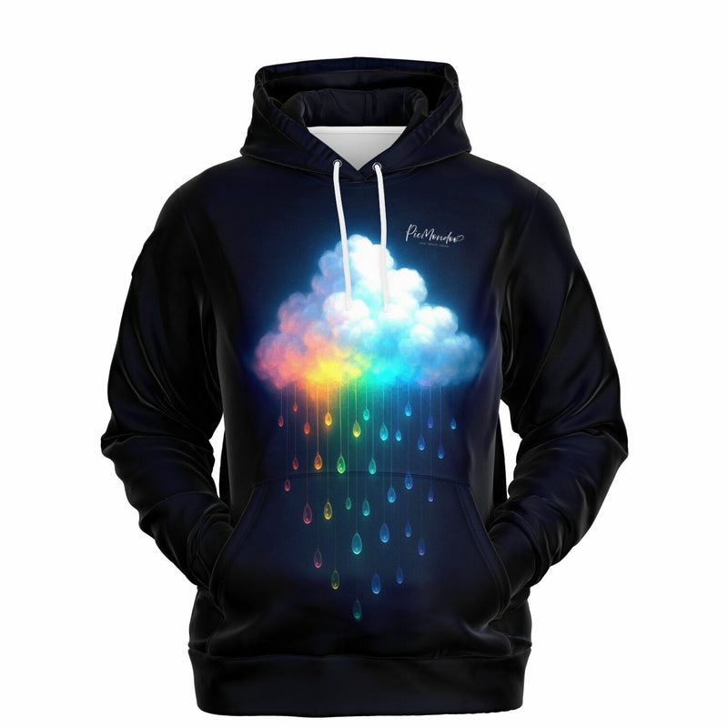 Schwarzer Picmondoo Hoodie mit leuchtendem Regenbogenwolken-Motiv und bunten Regentropfen für kreative Fans