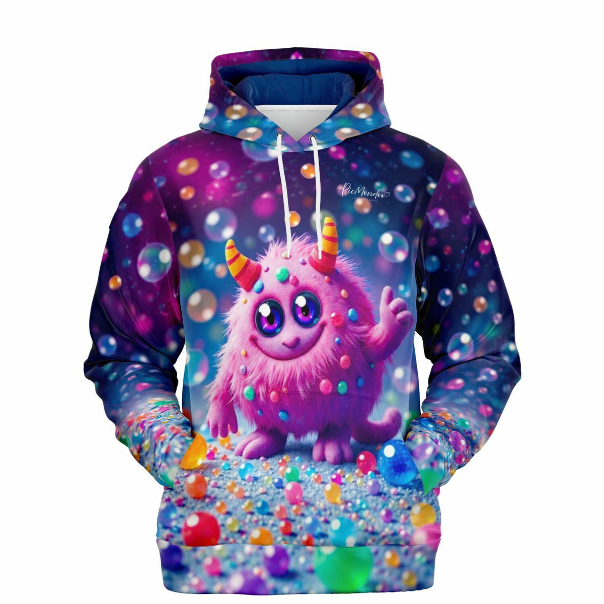 Bunter Dreamer Hoodie mit flauschigem Monster-Motiv, inspiriert von glitzernden Diamond Painting Motiven.