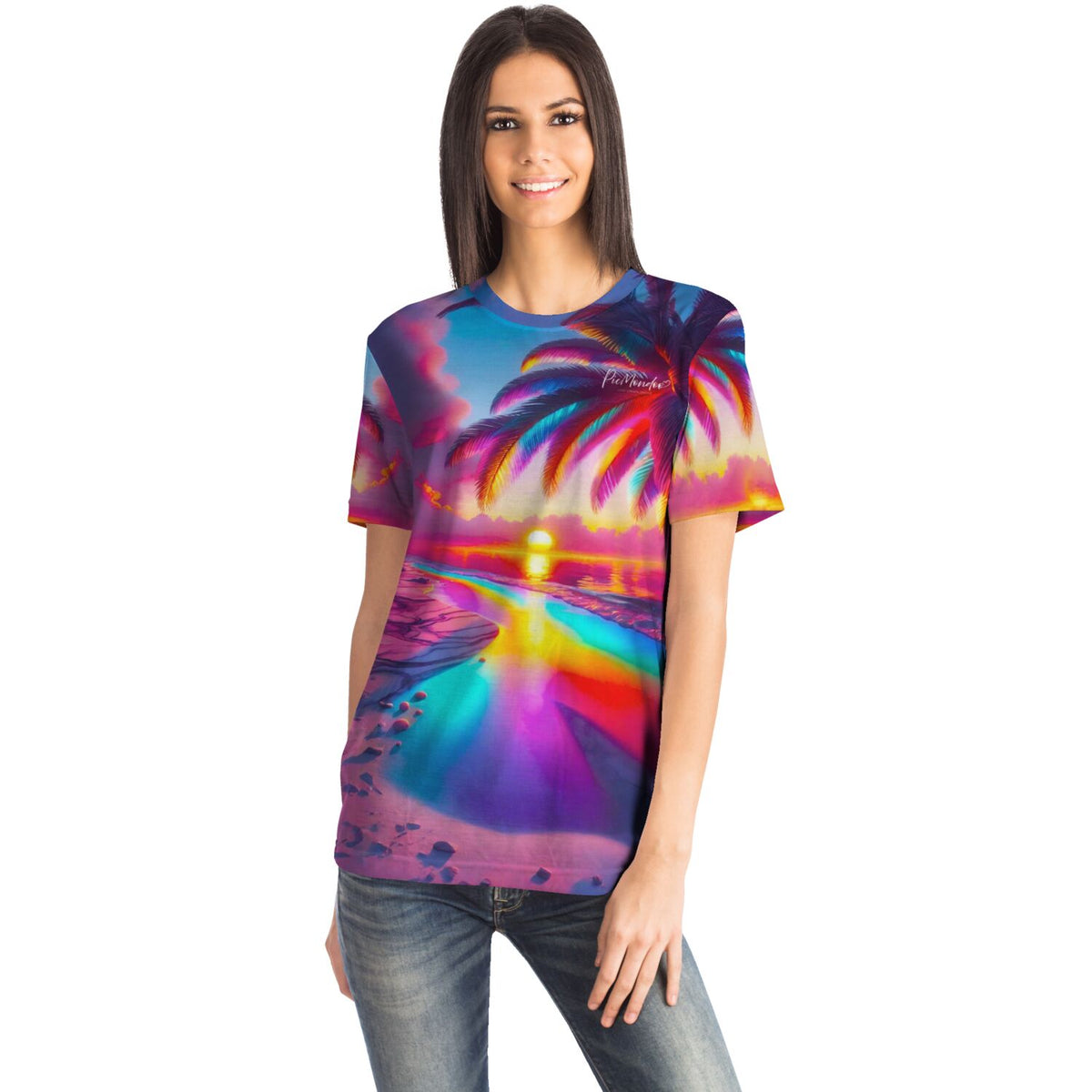 Frau trägt Dreamer T-Shirt mit buntem Zauberstrand Motiv, das an farbenfrohe Diamond Painting Kunst erinnert.