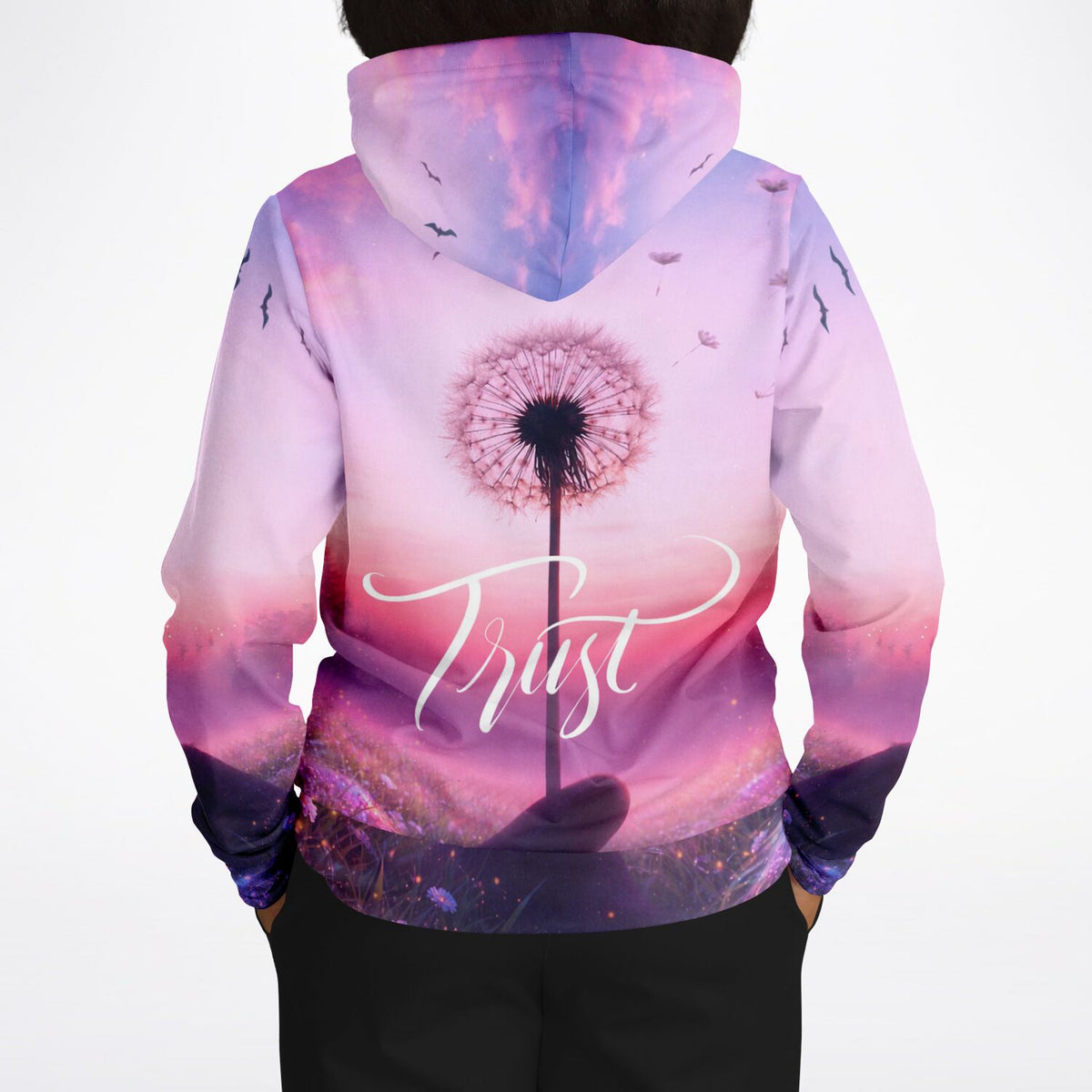 Dreamer Hoodie Trust mit Pusteblume-Motiv in Violett und Pink, ideal für Fans von Malen nach Zahlen und Kunst-Styles.