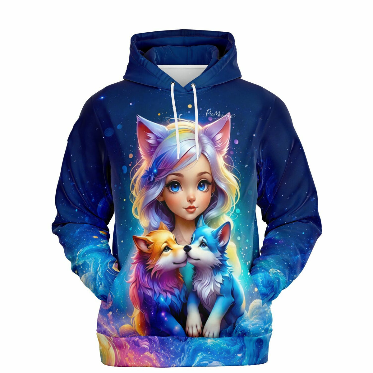 Blauer Dreamer Hoodie mit Wolfsmädchen Finja Motiv im Stil unserer Diamond Painting Sets für Fans kreativer Kunst