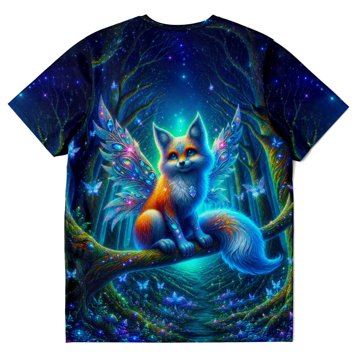 T-Shirt mit magischem Fuchs mit Feenflügeln im Wald, inspiriert durch Diamond Painting Motive, leuchtende Farben