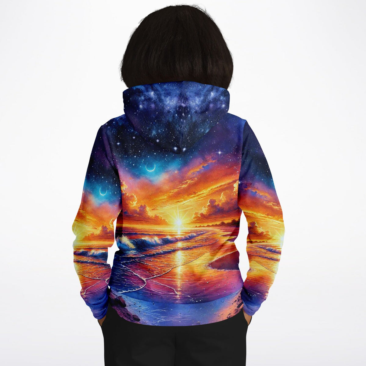 Dreamer Hoodie mit farbenfrohem Sonnenuntergang, Sternenhimmel und Ozean Motiv – moderner AOP Kapuzenpullover