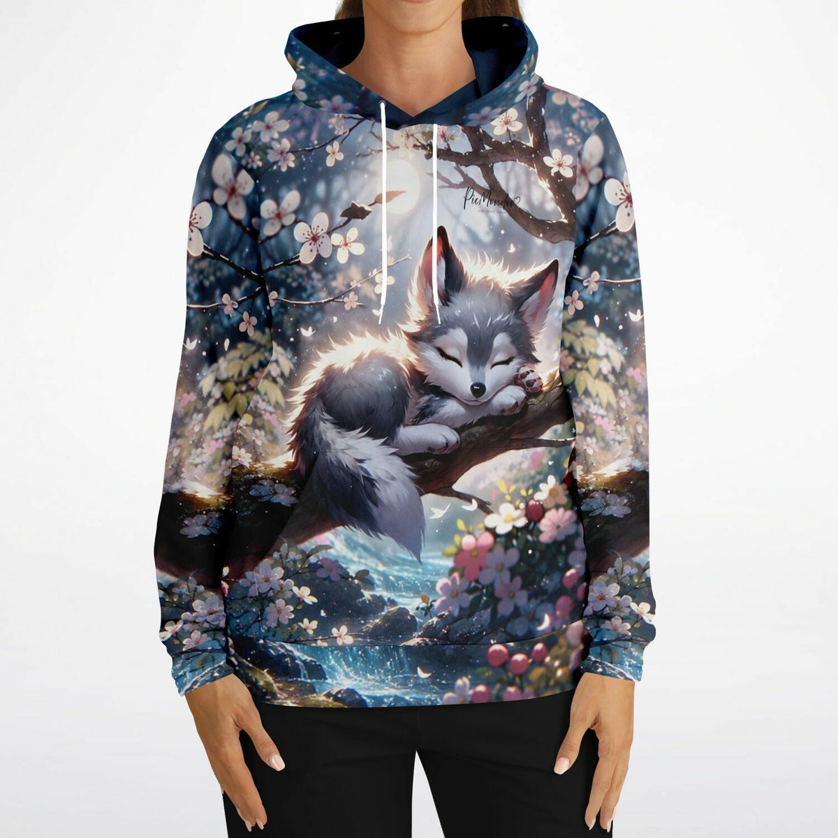 Dreamer Hoodie mit Yuki Motiv: schlafender Welpe in Kirschblüten, inspiriert von Diamond Painting und Malen nach Zahlen