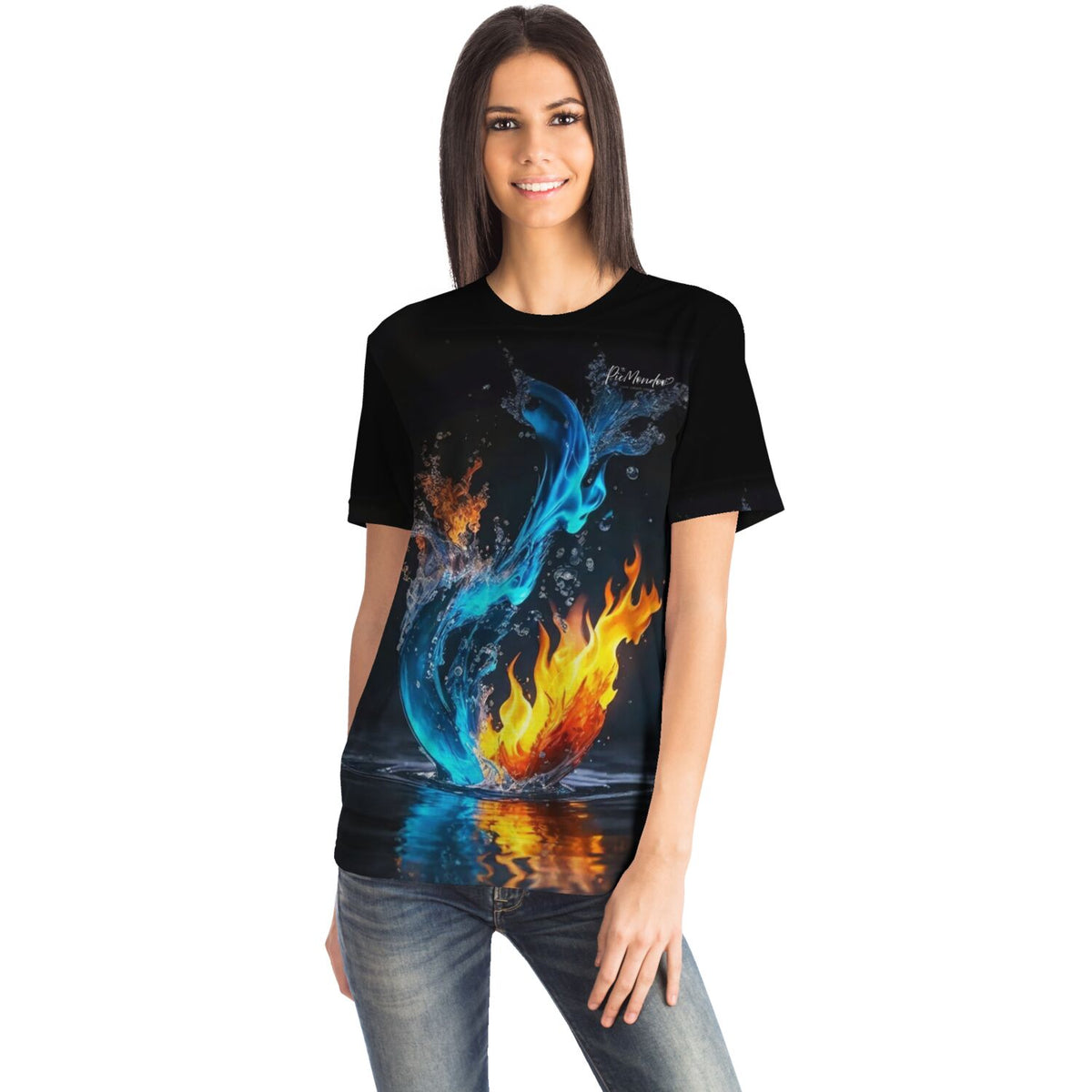 Schwarzes 'Dreamer' T-Shirt mit kunstvollem Aufdruck von Feuer und Wasser als Motiv für Diamond Painting Fans.