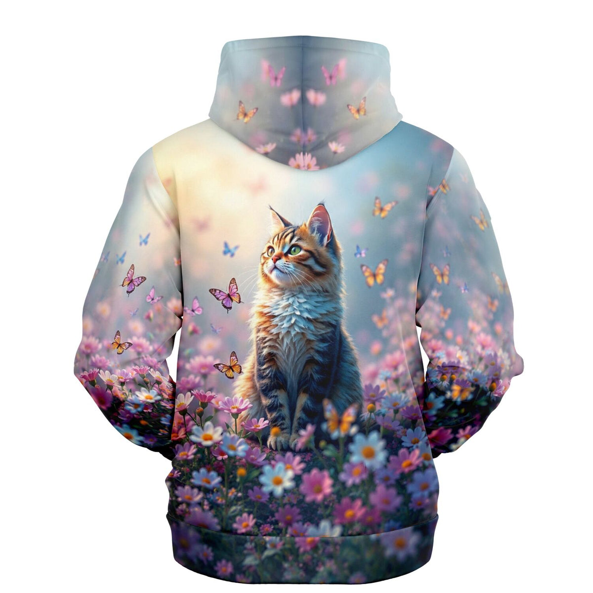 Dreamer Hoodie mit Katzen-Motiv in Blumenwiese mit Schmetterlingen, passend zu Malen nach Zahlen für Erwachsene