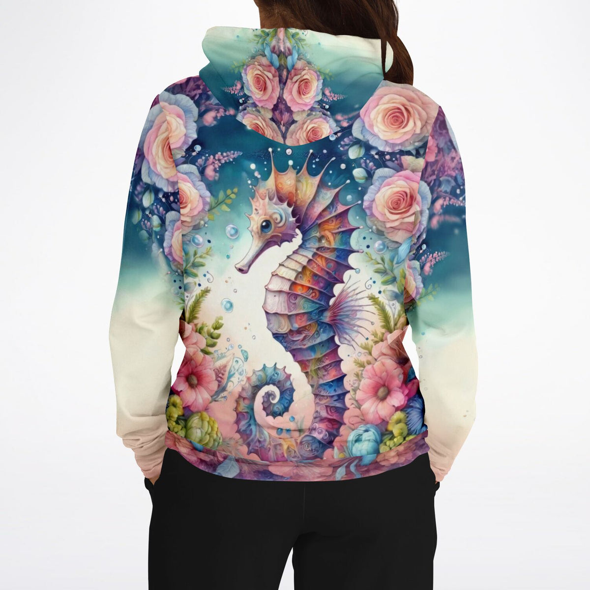 Dreamer Hoodie mit farbenfrohem Seepferdchen und Blüten Motiv im künstlerischen DIY Stil für Kunstliebhaber