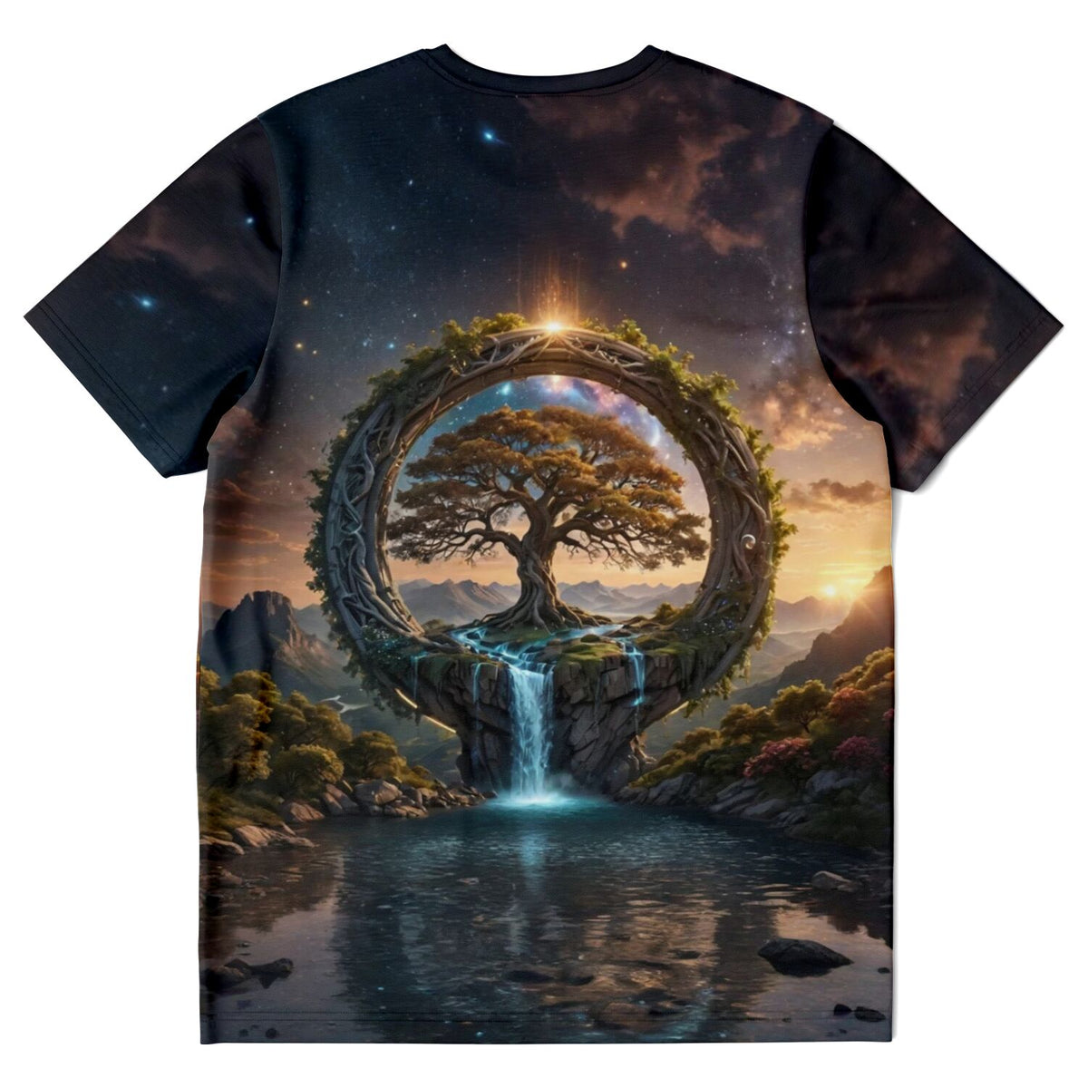 T-Shirt mit Fantasy-Print: Baum im Tor zur Anderswelt, Wasserfall und Sternenhimmel im Stil von Malen nach Zahlen