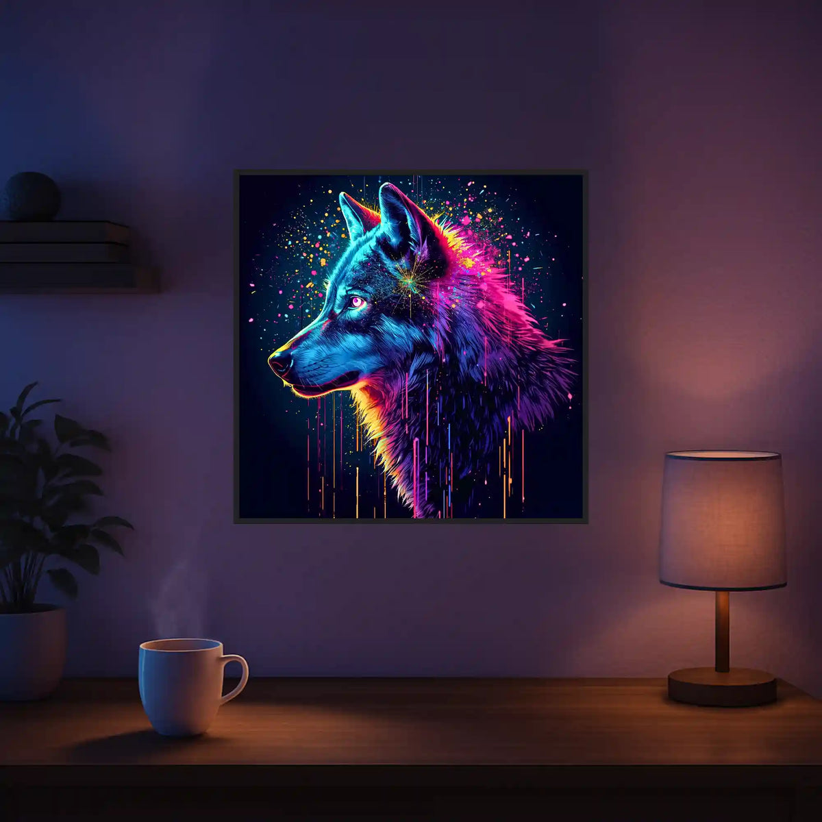 Diamond Painting Set eines mystischen Wolfs in Neonfarben mit leuchtendem Fell im quadratischen 60x60cm Design.