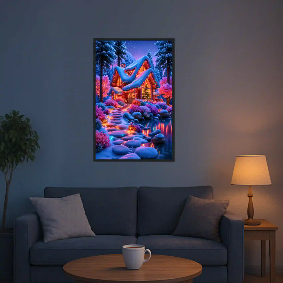 XXL Diamond Painting Set Weihnachts-Lichterwald mit verschneiter Hütte, Pfad und magischer Beleuchtung im Winter