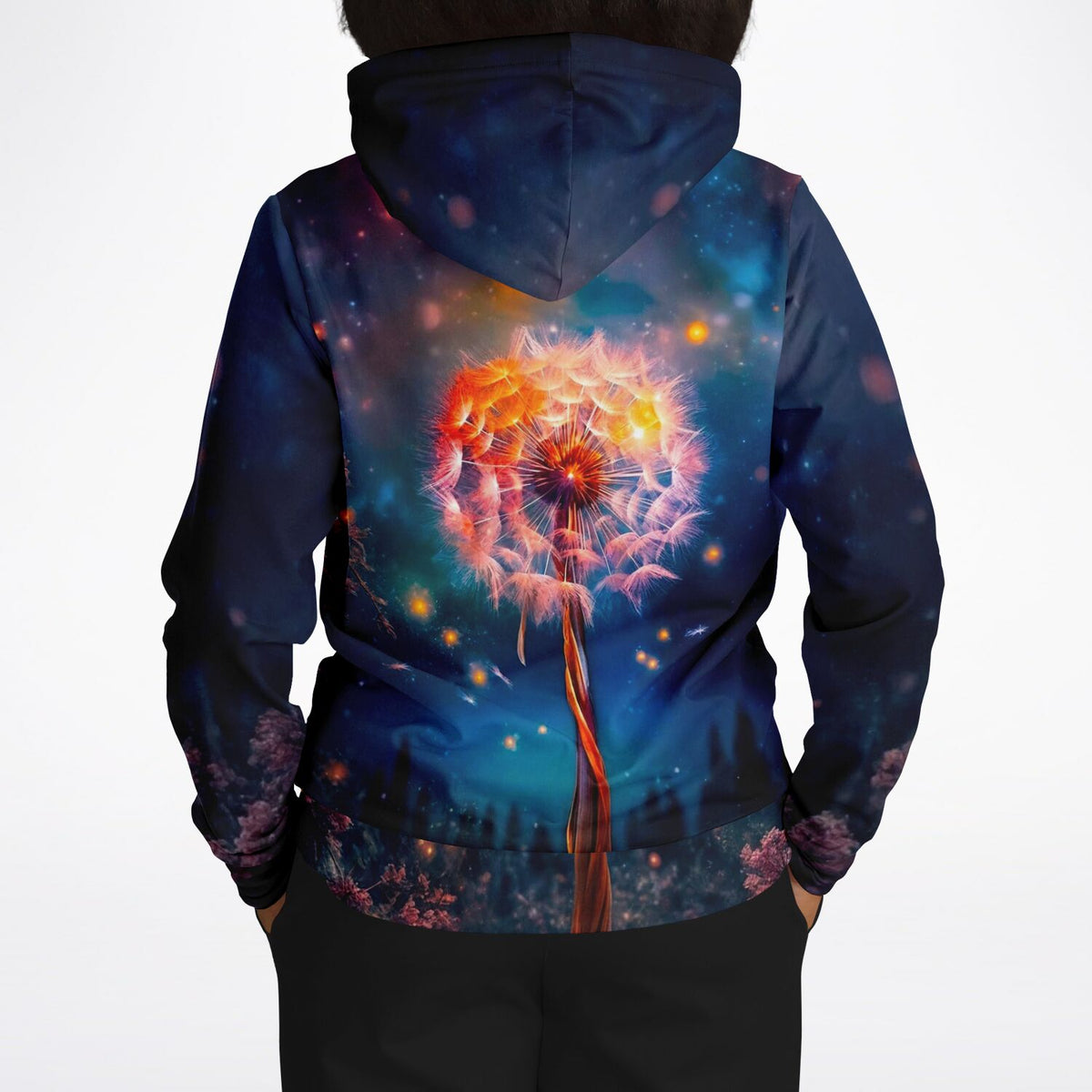 Dreamer Hoodie mit leuchtendem Pusteblumen-Design vor nächtlichem Sternenhimmel, ideal für Fans von Malen nach Zahlen Motiven