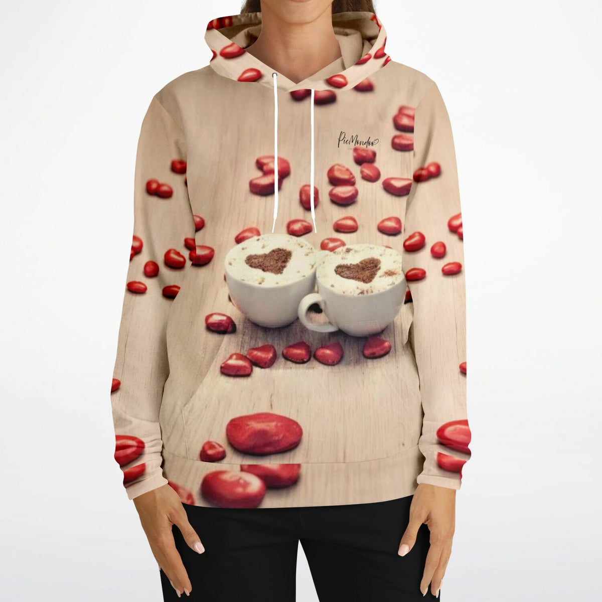 Dreamer Hoodie von Picmondoo mit Kaffeeliebe Motiv, zwei Kaffeetassen mit Herzschaum und roten Deko-Herzen