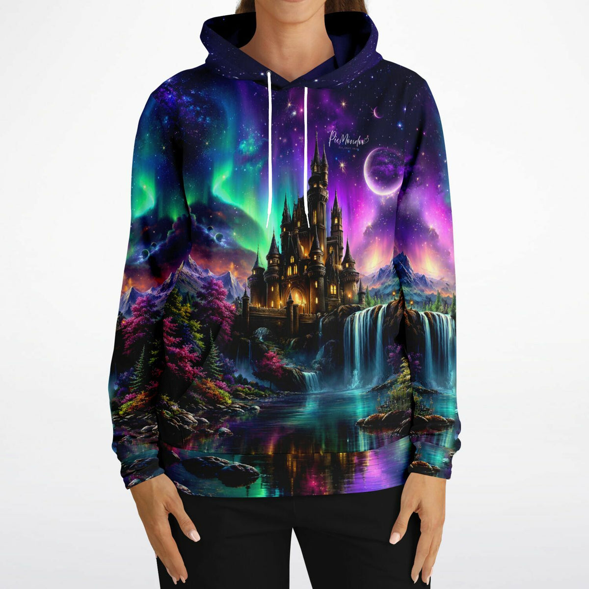 Dreamer Hoodie Echos des Himmels mit magischem Schloss, Wasserfall und Nordlichtern im Stil von Diamond Painting Motiven