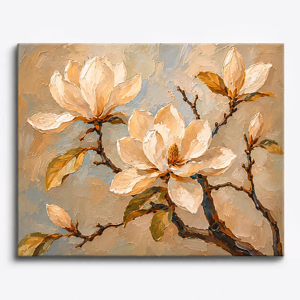 Malen nach Zahlen für Erwachsene Motiv Magnolienzeit mit cremefarbenen Blüten auf beigem Hintergrund im Öl-Stil