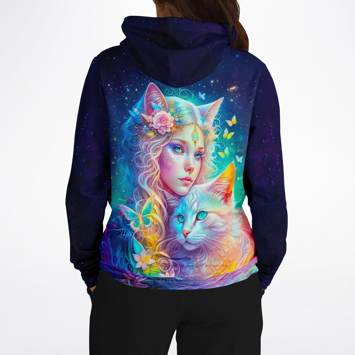 Dreamer Hoodie mit farbenfrohem Katzenelfe Motiv für Fans von Diamond Painting und kreativer Mode in Sternenhimmel-Optik