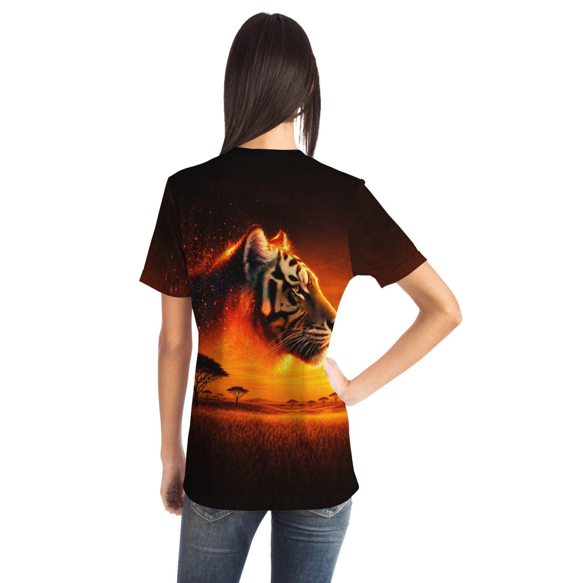 T-Shirt mit Tiger-Motiv im Feuer-Design, inspiriert von Diamond Painting Kunstwerken für Erwachsene.