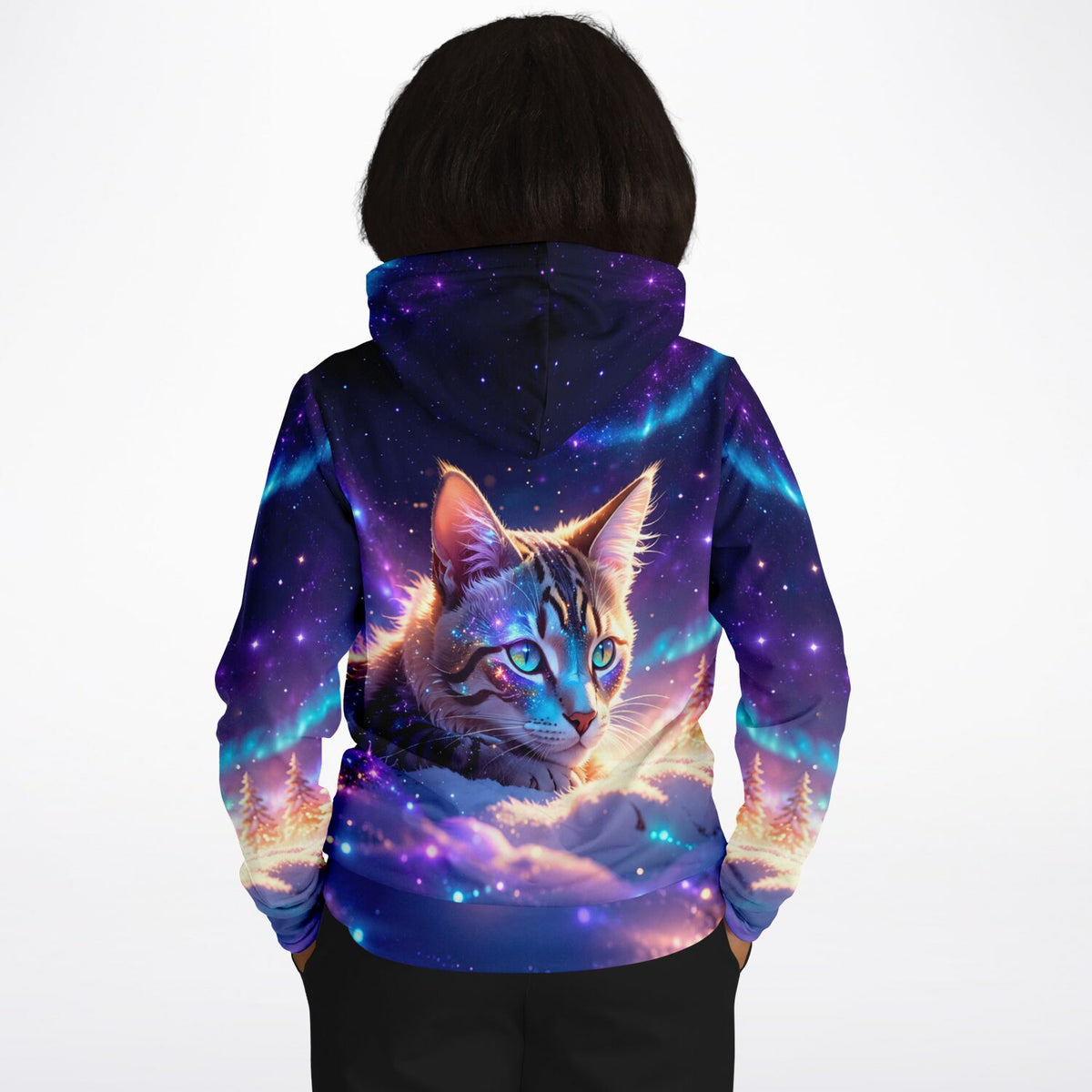 Dreamer Hoodie mit galaktischem Samtpfote Motiv und Polarlicht, inspiriert von Diamond Painting Kunstwerken