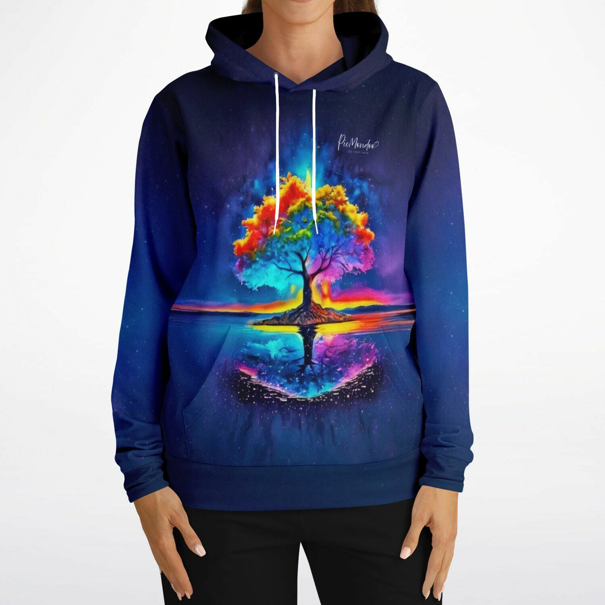 Dunkelblauer Dreamer Hoodie mit buntem Regenbogen-Baum Motiv im Stil unserer Diamond Painting und Malen nach Zahlen Sets