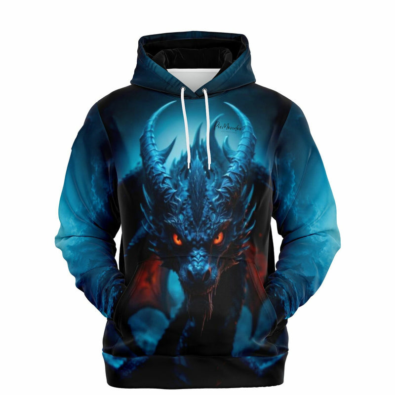 Dreamer Hoodie mit blauem Drachendesign und leuchtend roten Augen, hochwertiger AOP-Druck für Fans von DIY-Kunst