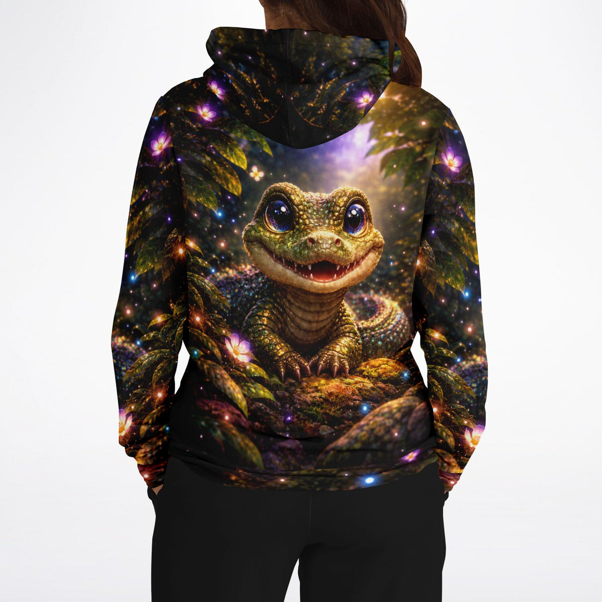Dreamer Hoodie Uraltes Lächeln mit niedlichem Echsen-Motiv, hochwertiger All-Over-Print im Stil von Diamond Painting Kunst