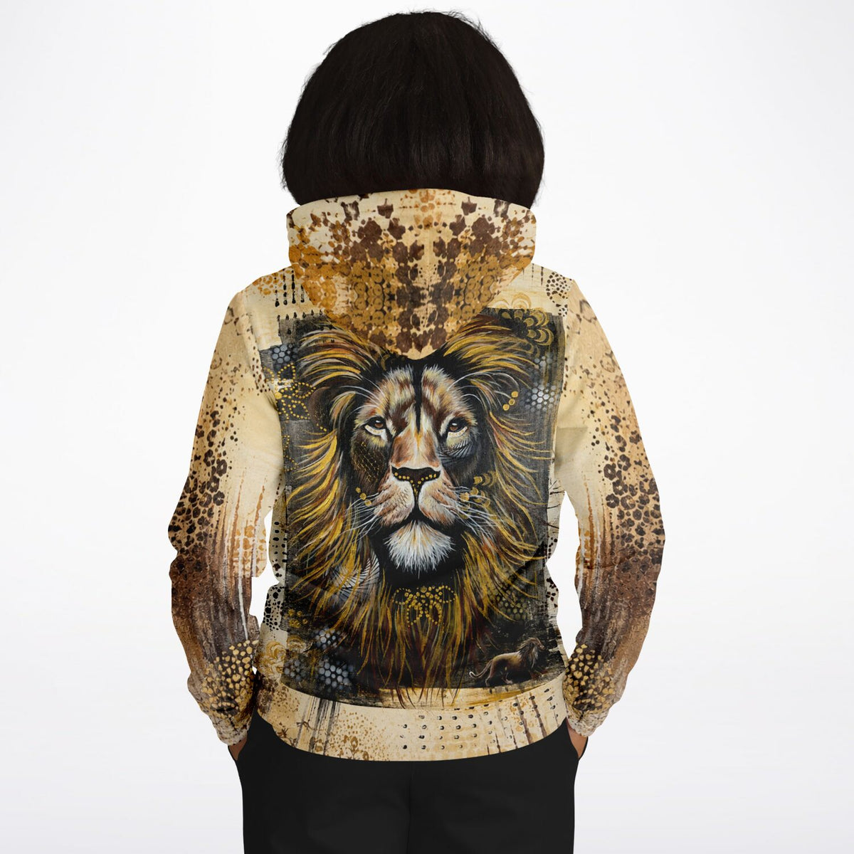Dreamer Hoodie Erbe des Feuers mit Löwenkopf-Print in Gold- und Brauntönen im Stil eines Diamond Painting Motivs