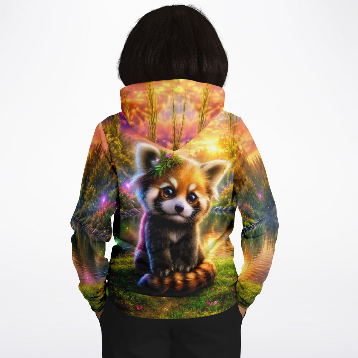 Dreamer Hoodie im AOP-Design mit niedlichem Roten Panda im Wald, motivgleich zu lebendigen Diamond Painting Sets.